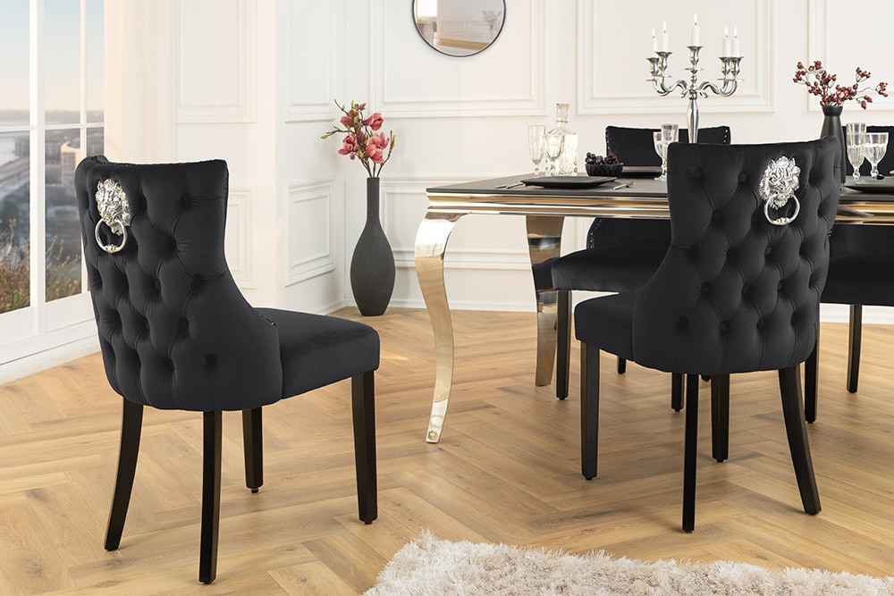 Chesterfield Stuhl CASTLE DELUXE schwarz Samt mit Löwenkopf Nieten