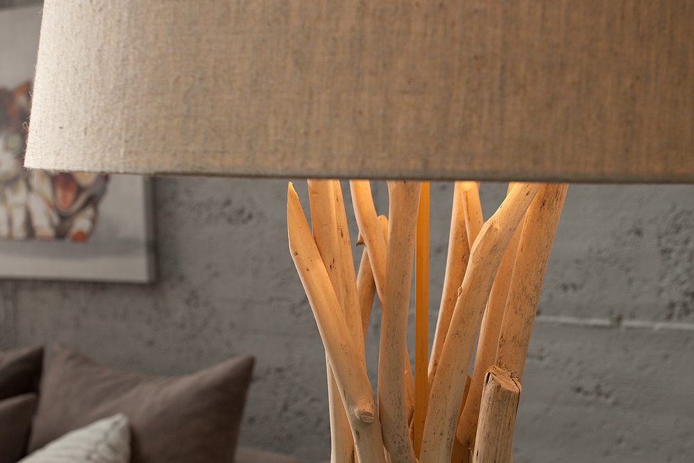 Handgefertigte Treibholz Stehlampe WILD NATURE 155cm sand mit Leinenschirm