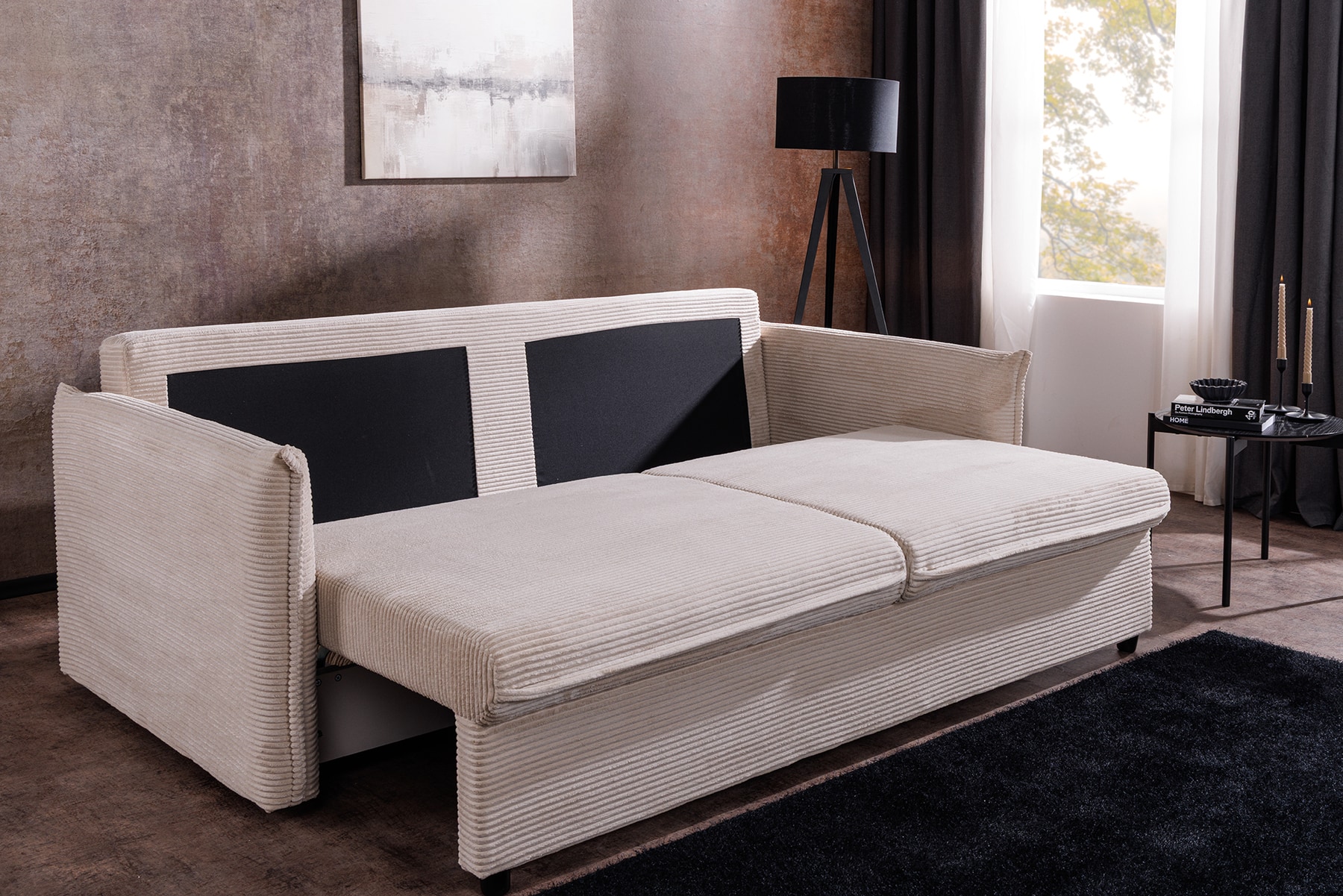 XXL Sofa mit Schlaffunktion APARTMENT beige Cord inkl. Bettkasten und Kissen