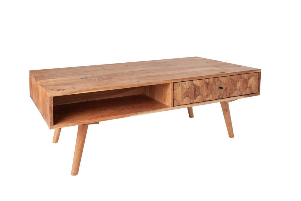 Massivholz Couchtisch MYSTIC LIVING 100cm natur Akazie mit Stauraum Schubladen Ablagefach