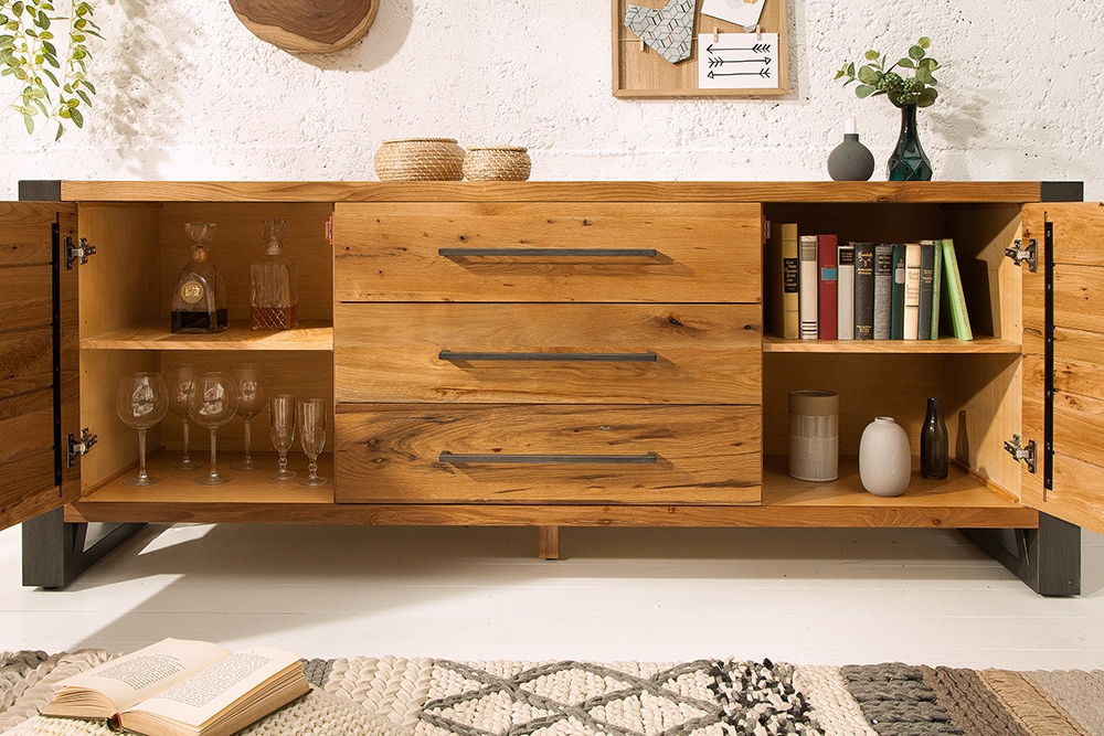 Massivholz Sideboard THOR 200cm mit Schubladen natur Wildeiche geölt Metall schwarz
