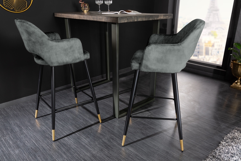 Design Barhocker PARIS grün Samt mit Lehne Metall schwarz gold Ziersteppung