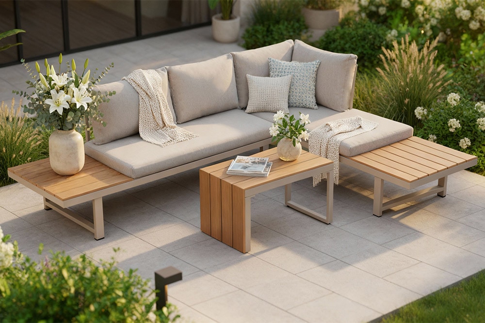 Wetterfestes Gartenmöbel Set IBIZA MODULAR LOUNGE 250cm champagner greige Aluminium
