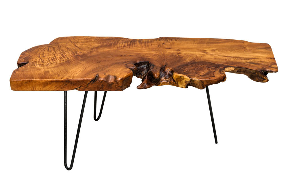Massiver Couchtisch WILD 100cm Teak Massivholz Baumscheibe Hairpin Legs