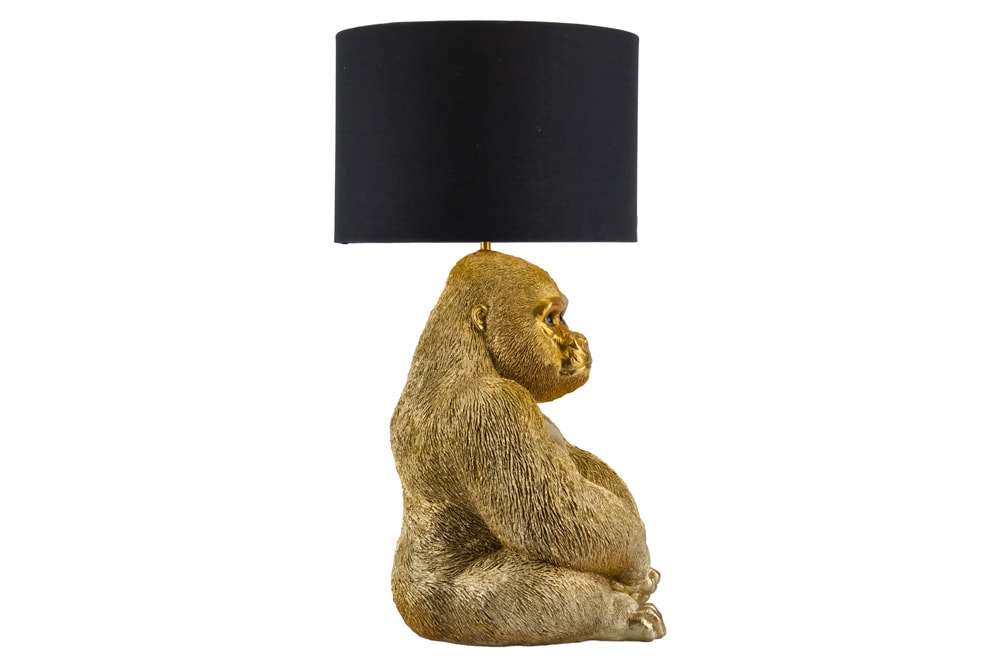 Handgefertigte Tischlampe KING APE 55cm gold schwarzer Stoffschirm Gorilla-Skulptur