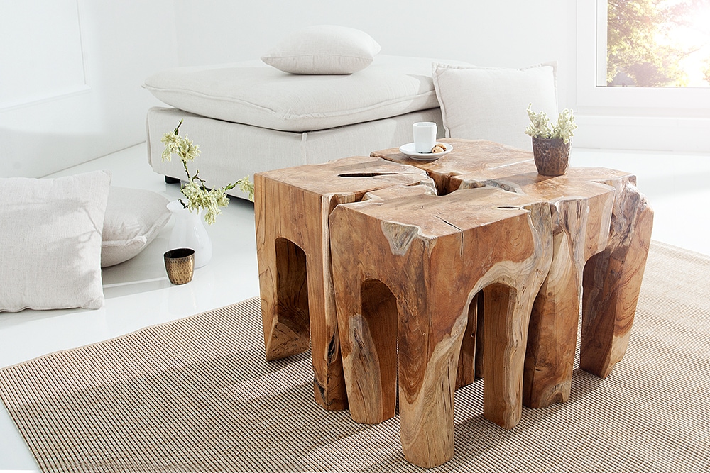 Massivholz Beistelltisch MOLAR 30cm Hocker Teak Block aus einem Stück gefertigt