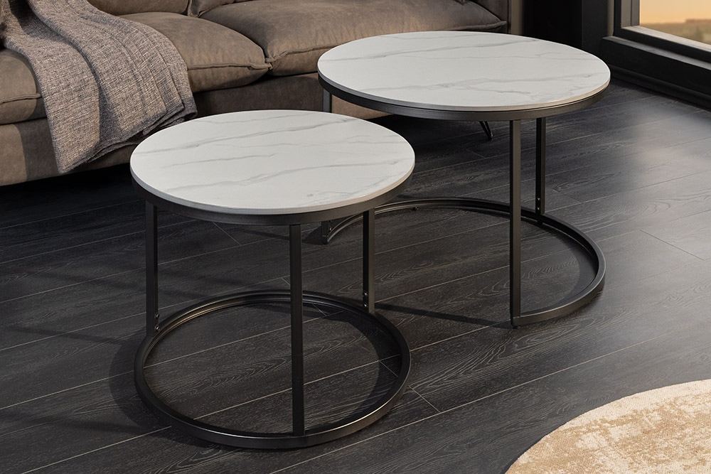 Rundes 2er Set Couchtische ELEGANCE 75cm weiß Keramik schwarz Metall