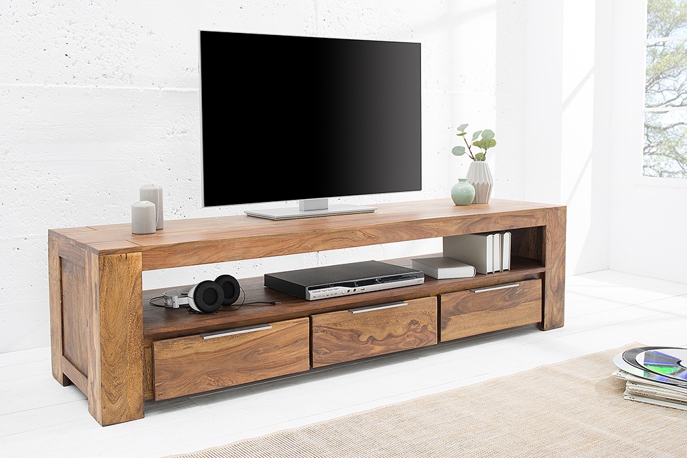 Massives TV-Board MAKASSAR 170cm braun Sheesham stone finish Lowboard drei Schubladen