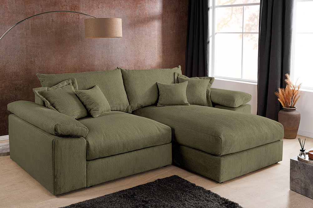 Design Ecksofa ATMOSPHERE XL 245cm grün Cord Federkern inkl. Kissen