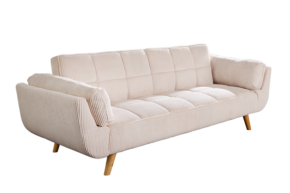 Schlafsofa BOUTIQUE 215cm beige Cord 3-Sitzer mit Holz-Füßen natur