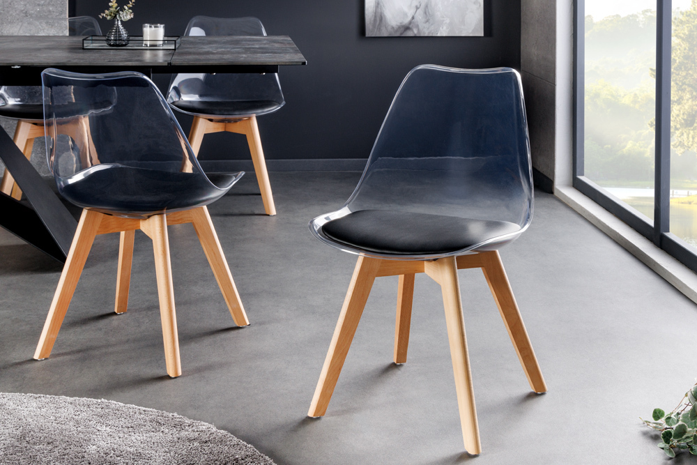 Design Stuhl SCANDINAVIA MEISTERSTÜCK transparent schwarz Kunststoff Buchenholz natur