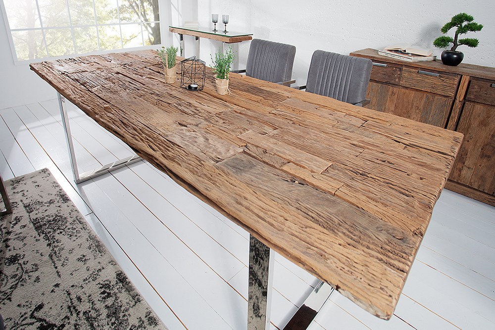 Massiver Esstisch BARRACUDA 200cm antik Teak Holz mit Stahl Kufenfüßen inkl. Glasplatte