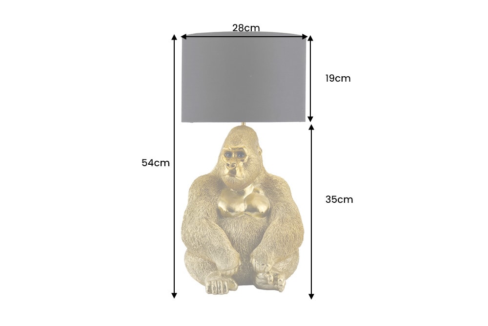 Handgefertigte Tischlampe KING APE 55cm gold schwarzer Stoffschirm Gorilla-Skulptur