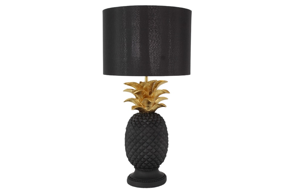 Handgefertigte Tischlampe PINEAPPLE 50cm schwarz Ananas-Design gold mit Stoffschirm