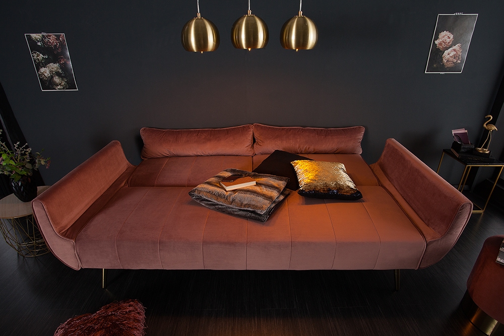 Retro Schlafsofa DIVANI 220cm altrosa Samt goldene Metallfüße 3-Sitzer mit Bettfunktion