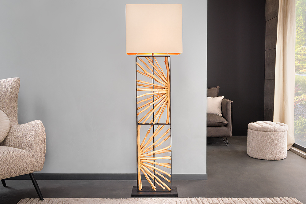 Handgefertigte Stehlampe EUPHORIA 165cm natur Longanholz beige mit Lampenschirm