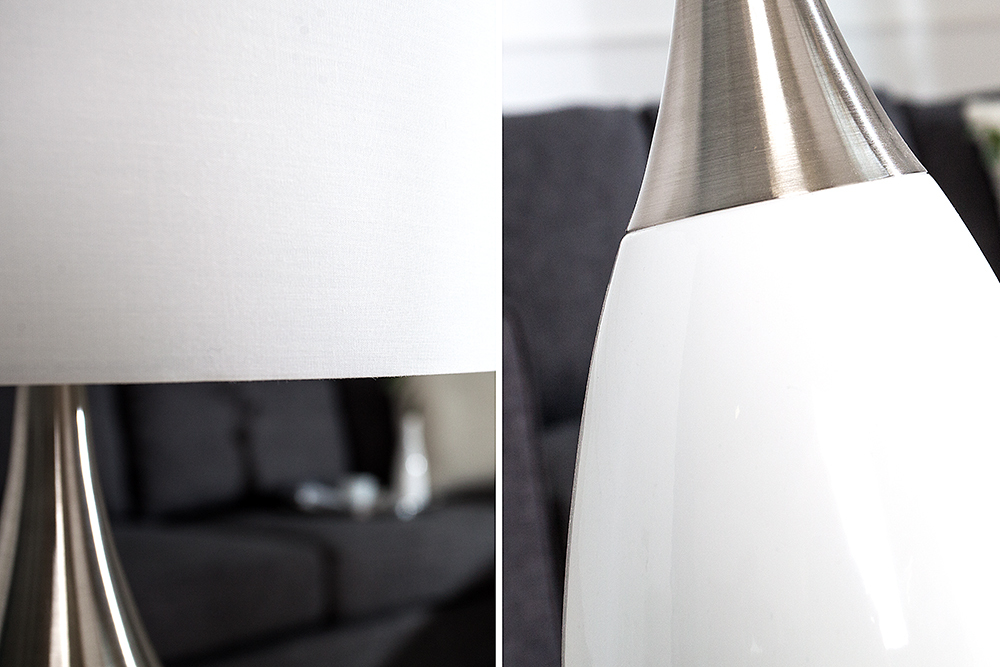 Moderne Tischlampe CARLA 60cm weiß silber mit Leinenschirm