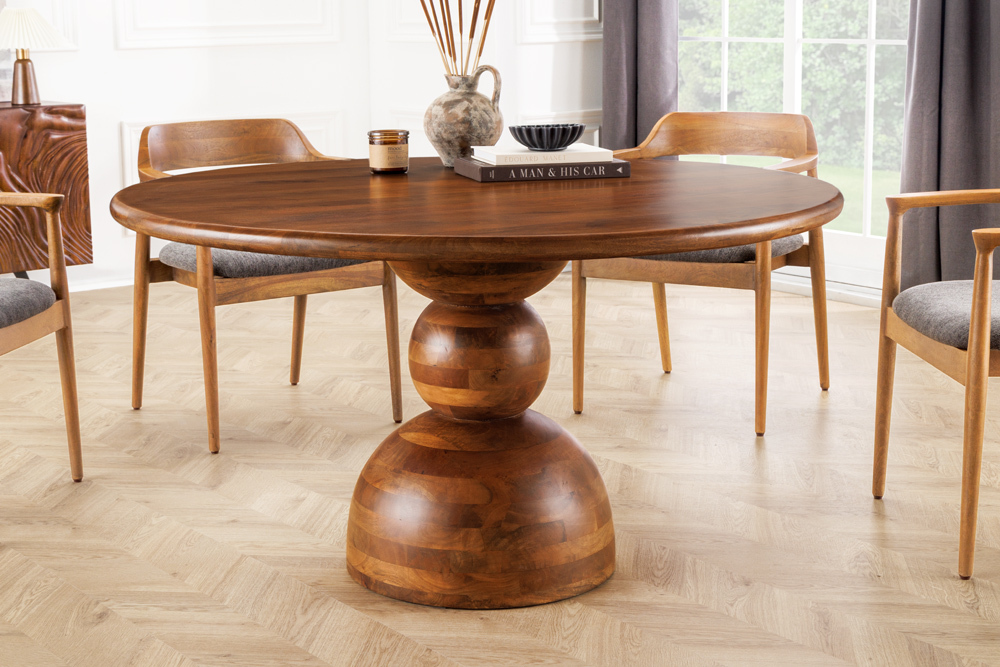 Massiver Esstisch MAESTRO 130cm braun Mangoholz rund mit Säulenfuß