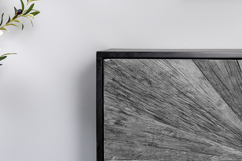 Massives Sideboard BARRACUDA 180cm grau Mangoholz mit Teakholz-Front schwarz Metall