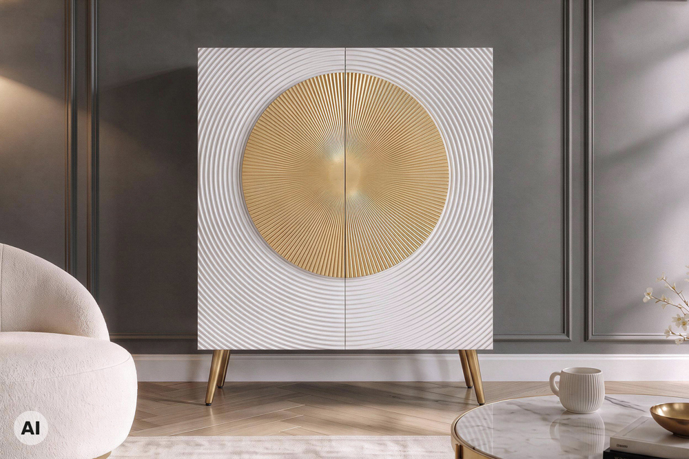 Massives Highboard AURUM 120cm weiß mit ikonischem Gold-Element