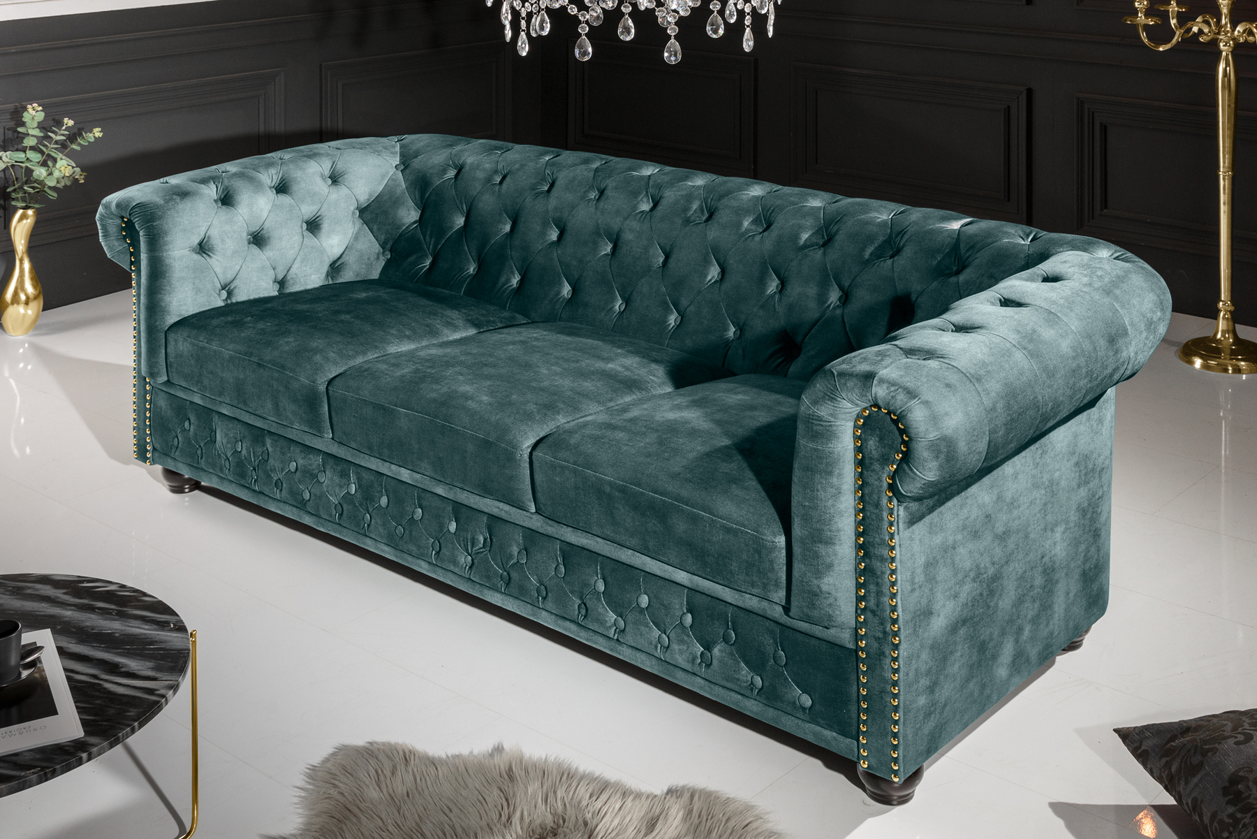 Chesterfield 3-Sitzer Sofa 205cm petrol Samt Federkern Goldnieten Knopfheftung