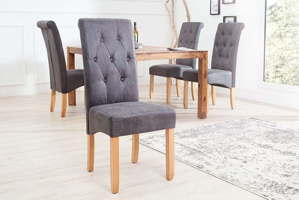 Edler Stuhl CASA vintage grau mit Zierknöpfen Massivholzbeine