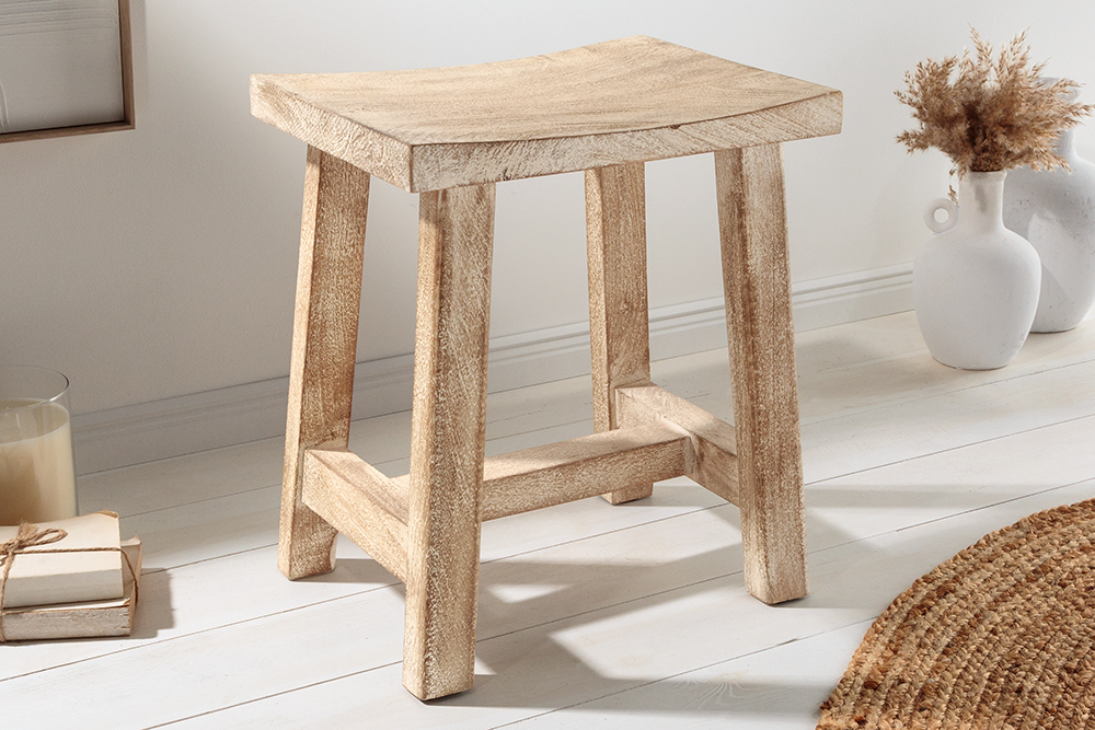 Massiver Hocker FINCA 45cm beige Mangoholz Handarbeit Boho Shabby Chic