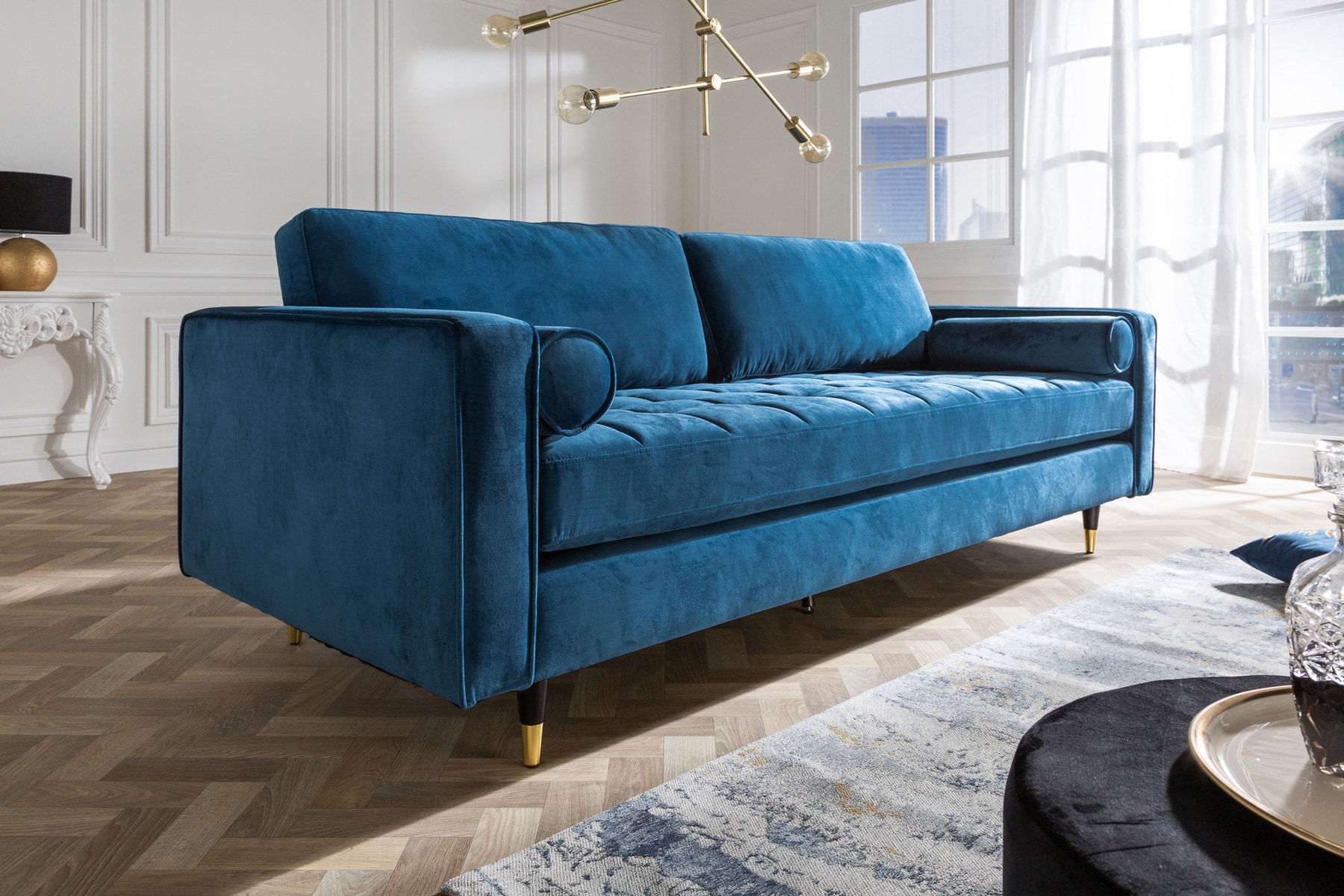 Design 3-Sitzer Sofa COZY VELVET 220cm petrol blau Samt Federkern Lounge