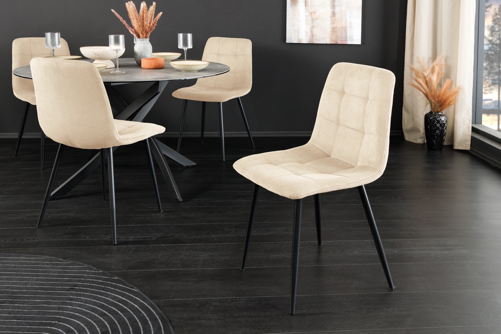 Moderner Design Stuhl TRES CHIC beige Cord schwarze Metallbeine Esszimmer