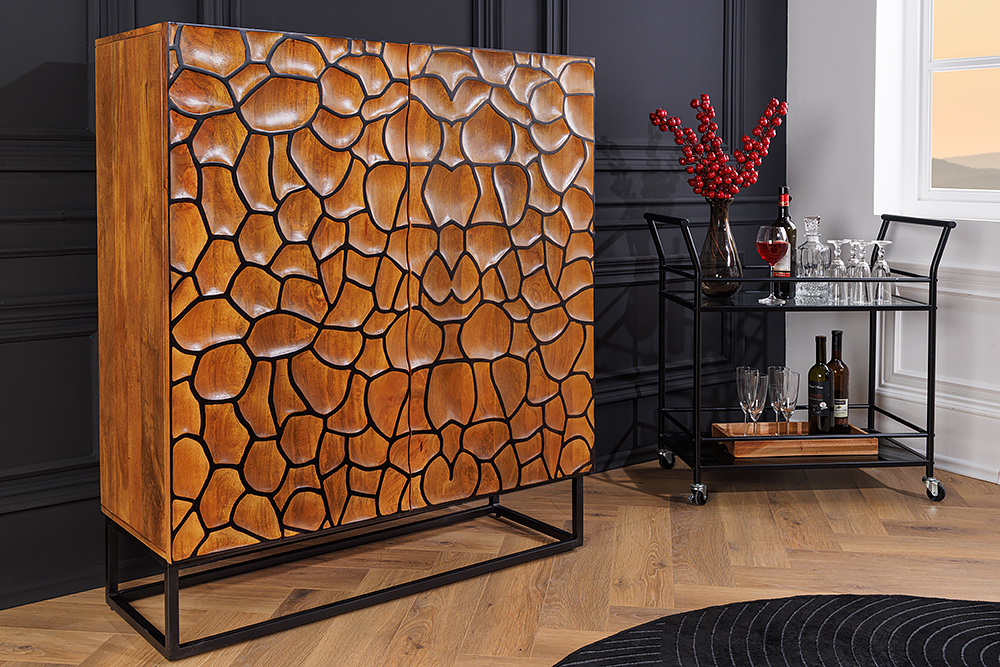 Massivholz Highboard VULCANO 120cm braun Mangoholz mit 3D Schnitzereien handmade Metallgestell schwarz