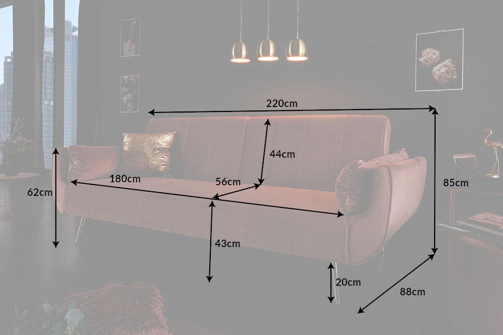 Retro Schlafsofa DIVANI 220cm altrosa Samt goldene Metallfüße 3-Sitzer mit Bettfunktion