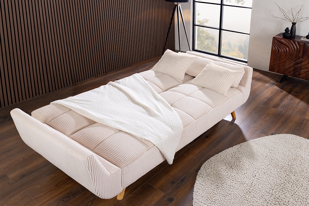 Schlafsofa BOUTIQUE 215cm beige Cord 3-Sitzer mit Holz-Füßen natur