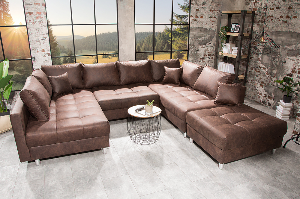 Moderne XXL Wohnlandschaft KENT 305cm antik braun Federkern Bigsofa inkl. Hocker