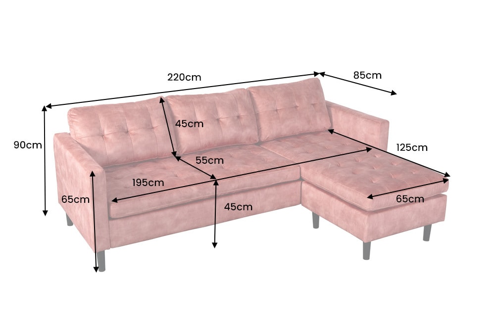 Ecksofa STOCKHOLM 220cm altrosa Samtstoff Federkern 3-Sitzer-Sofa