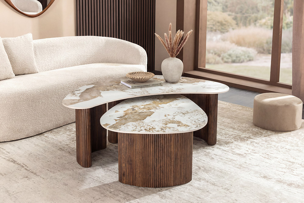 2er Set Couchtische OSAKA 120cm weiß Pandora Keramik Walnuss