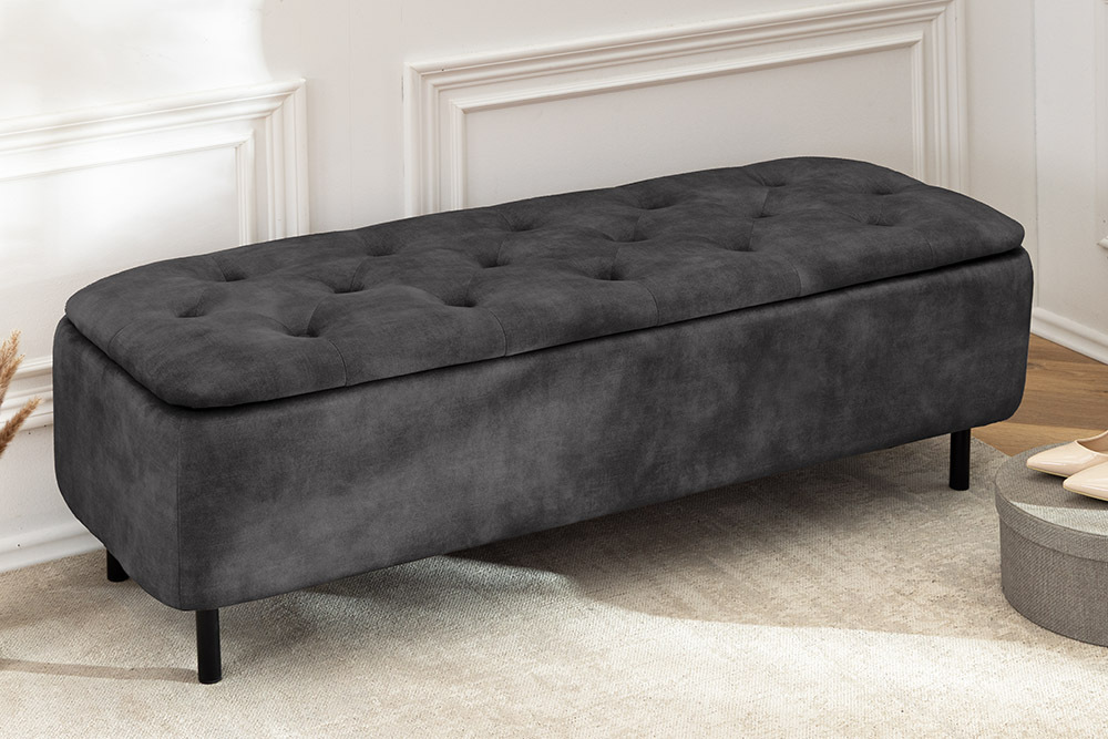 Extravagante Polsterbank EN VOGUE 120cm grau Samt mit Stauraum schwarze Metallbeine