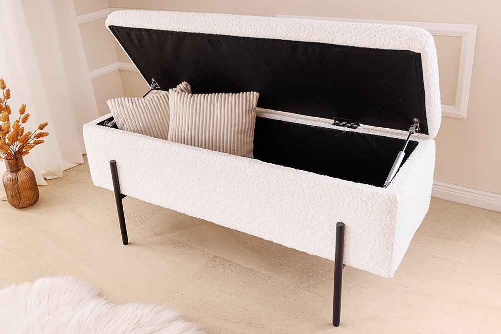 Moderne Truhenbank LOFT 100cm weiß Bouclé Sitzbank mit Stauraum gepolstert schwarz Metall