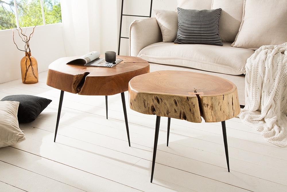 Runder Couchtisch GOA 60cm Akazie Massivholz Baumstamm schwarze Metallbeine