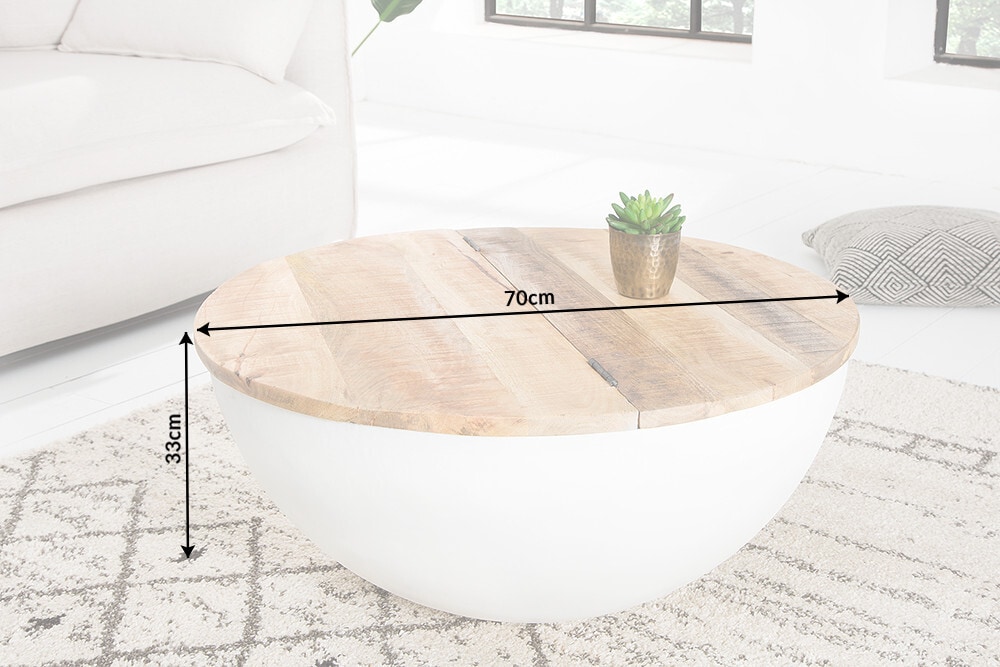 Runder Couchtisch INDUSTRIAL STORAGE 70cm weiß natur Massivholz mit Stauraum handmade