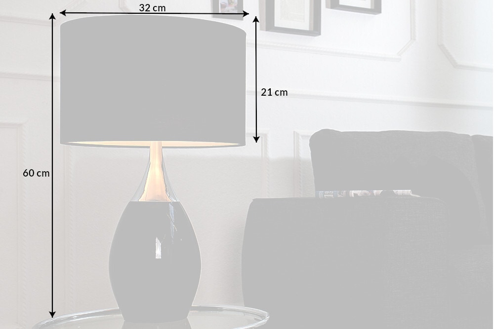 Moderne Tischlampe CARLA 60cm schwarz silber mit Leinenschirm