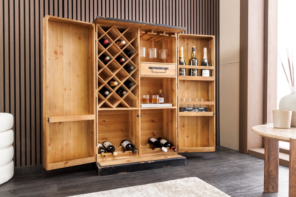 Design Barschrank BODEGA 120cm natur Pinienholz mit 3D-Front und Flaschenregal