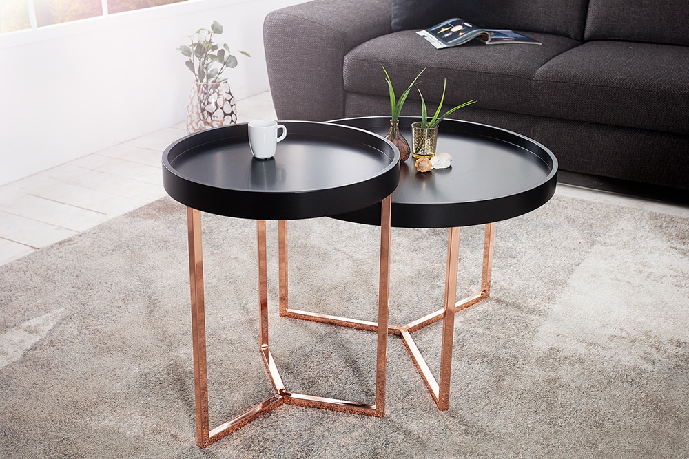 Extravaganter Beistelltisch MODULAR 40cm matt schwarz kupfer rund inkl. Tablett