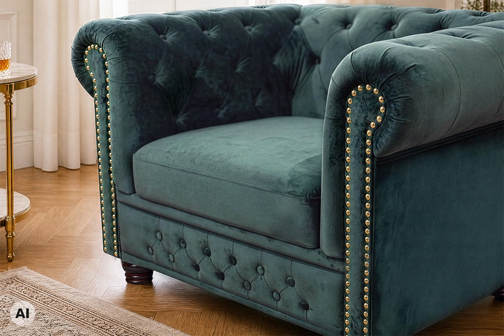 Barocker Sessel CHESTERFIELD petrol Samt Federkern goldene Nieten mit Knopfheftung