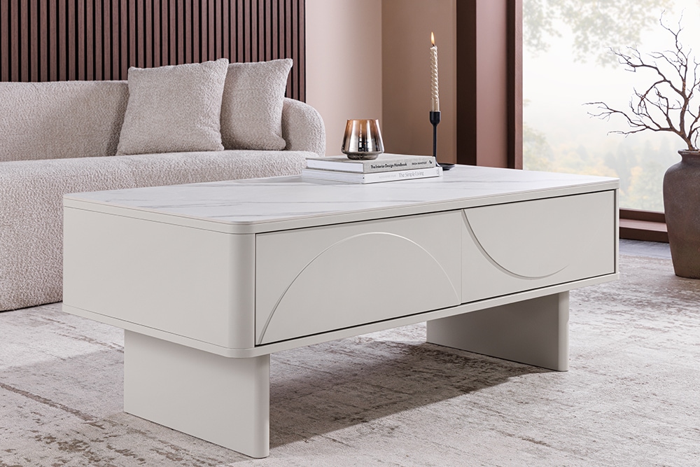 Design Couchtisch SAVOY 120cm kaschmir weiß Keramik Marmor mit Schubladen