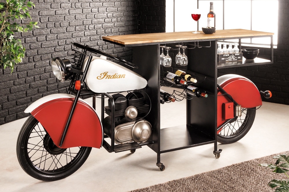 Design Bartisch EASY RIDER 230cm weiß rot schwarz Mangoholz Motorrad Upcycling
