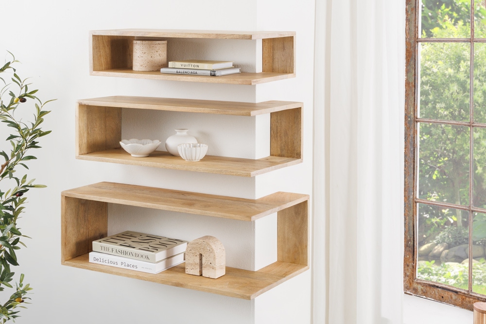 Massives 3er Set Wandregale SURREAL 65cm natur Außenecke Mangoholz
