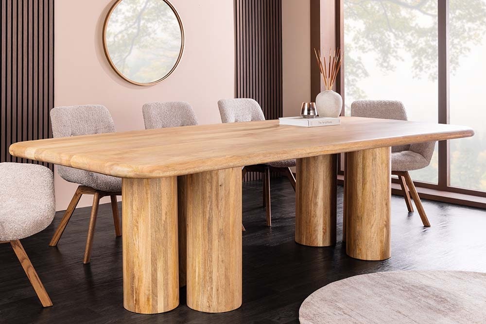 Massiver Esstisch ART DECO 240cm natur Mangoholz mit Säulenfüßen