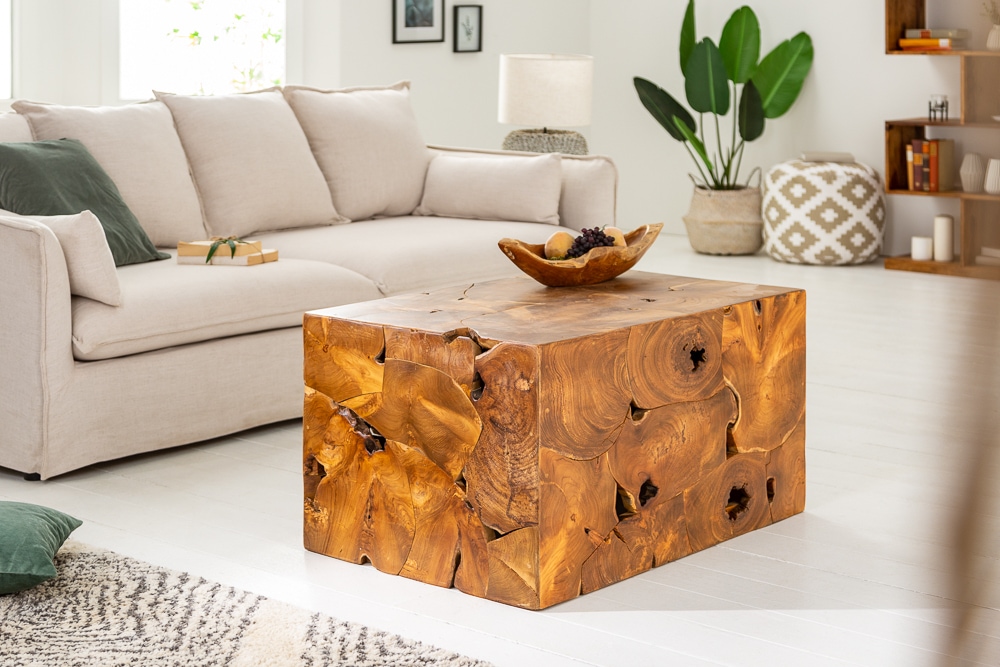 Massiver Couchtisch SQUARE 90cm Teakholz Würfel Handarbeit