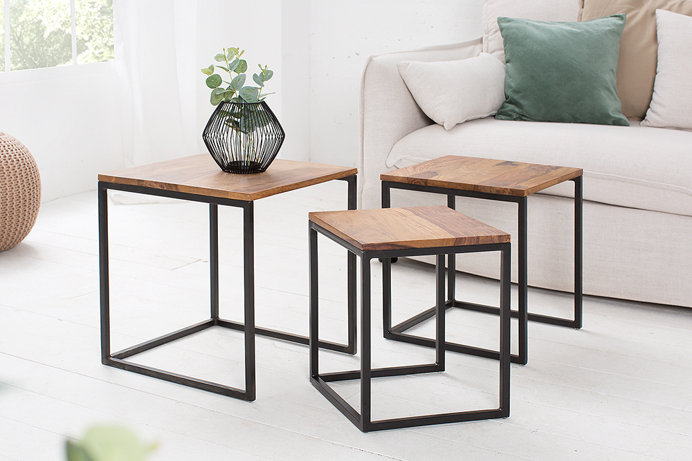 3er Set Beistelltisch ELEMENTS 40cm braun Sheesham Massivholz stone finish Metall