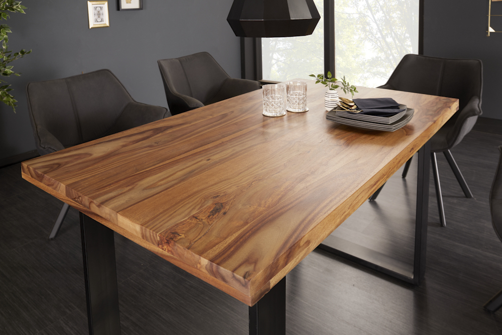 Massivholz Esstisch IRON CRAFT 120cm braun Sheesham schwarze Metallbeine stone finish